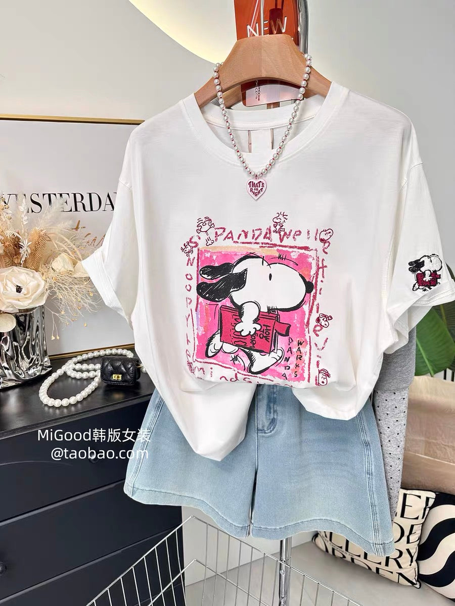 Summer Hot Item Recommendation ~ Paper Bag Home Korean Style Running Puppy Print Loose Plus Size Pure Cotton T-Shirt for Women
