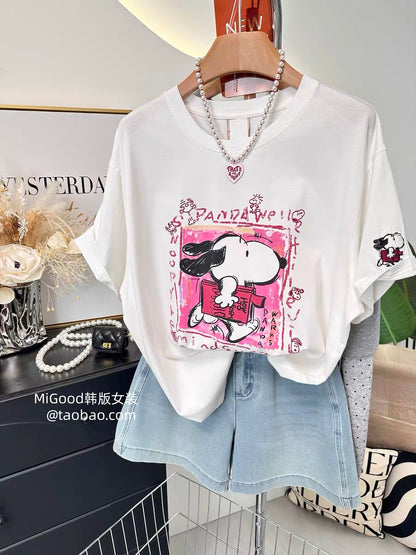 Summer Hot Item Recommendation ~ Paper Bag Home Korean Style Running Puppy Print Loose Plus Size Pure Cotton T-Shirt for Women