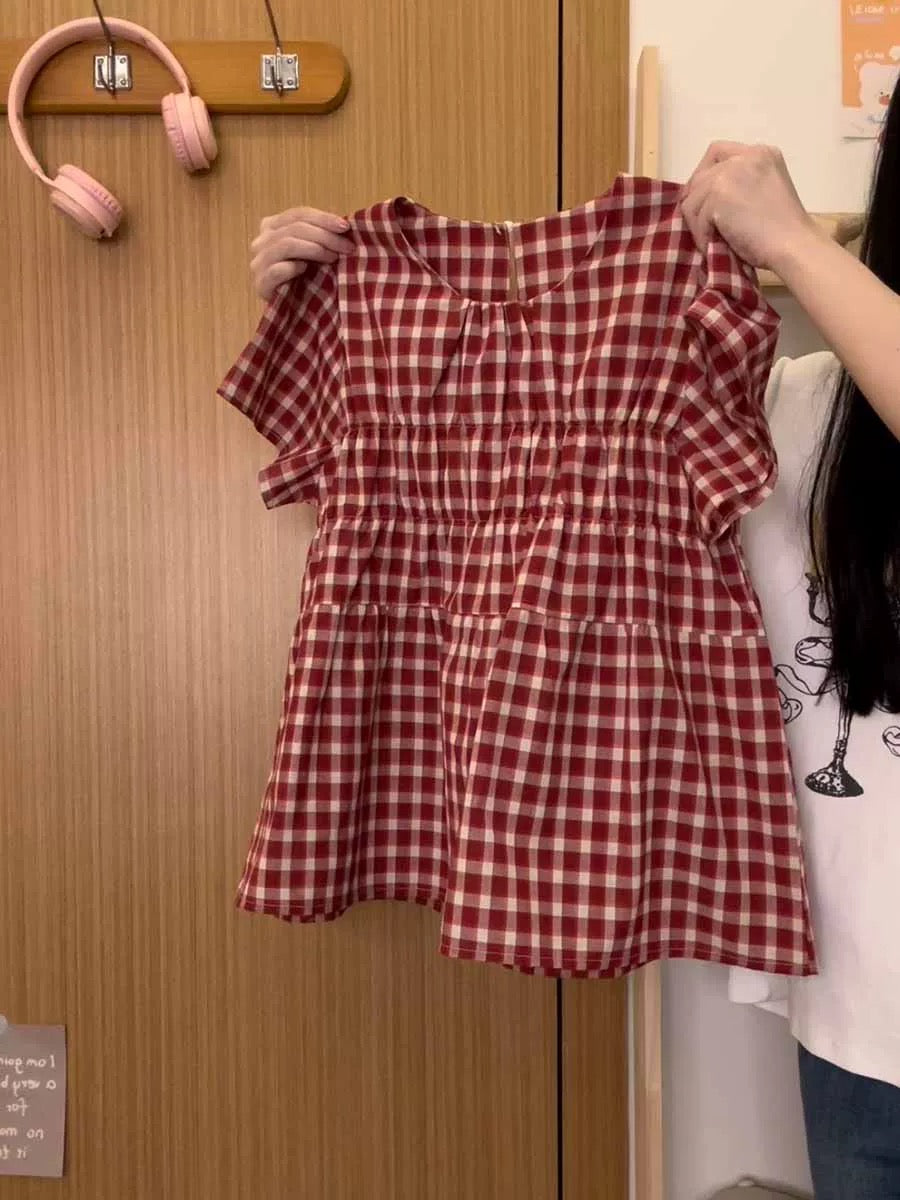 Cream Universe Retro Red Plaid Short Sleeve Short Sleeve T-Shirt Women's Japanese Sweet Girl Style Baby Shirt Top