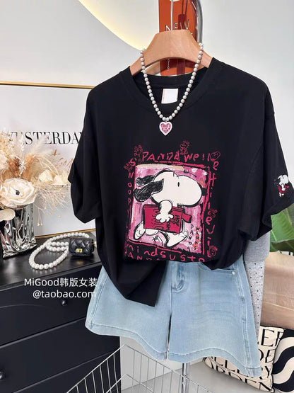 Summer Hot Item Recommendation ~ Paper Bag Home Korean Style Running Puppy Print Loose Plus Size Pure Cotton T-Shirt for Women