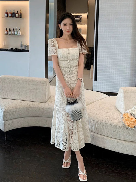 Temperament square neck slim high waist super nice French dress 2024 new women's summer lace fishtail long skirt