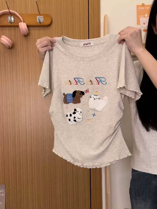 The universe of cream flocked dog fungus right shoulder short-sleeved T-shirt women's sweet girl style slim short top new style