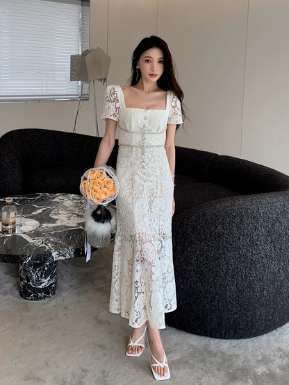Temperament square neck slim high waist super nice French dress 2024 new women's summer lace fishtail long skirt
