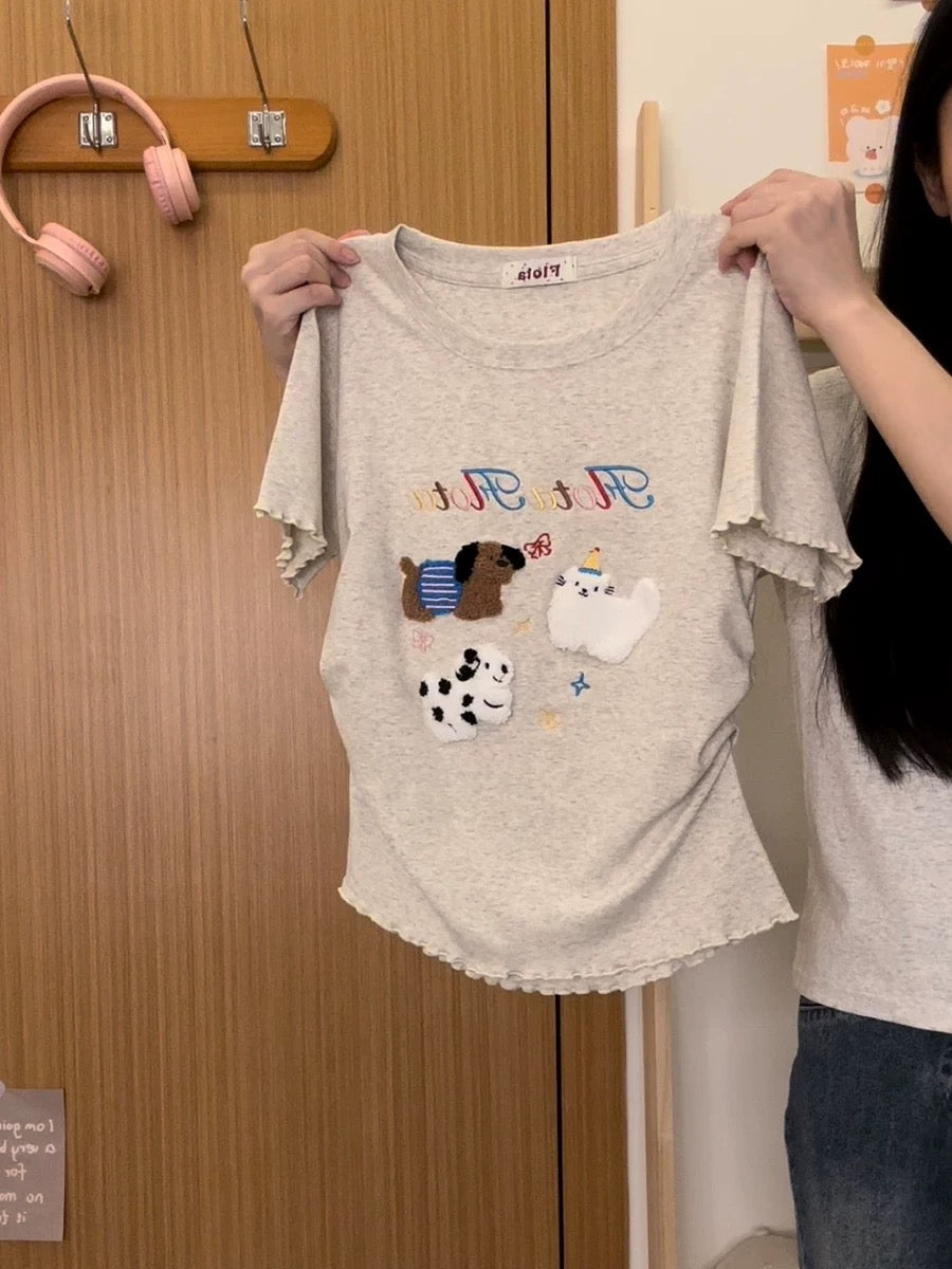 The universe of cream flocked dog fungus right shoulder short-sleeved T-shirt women's sweet girl style slim short top new style