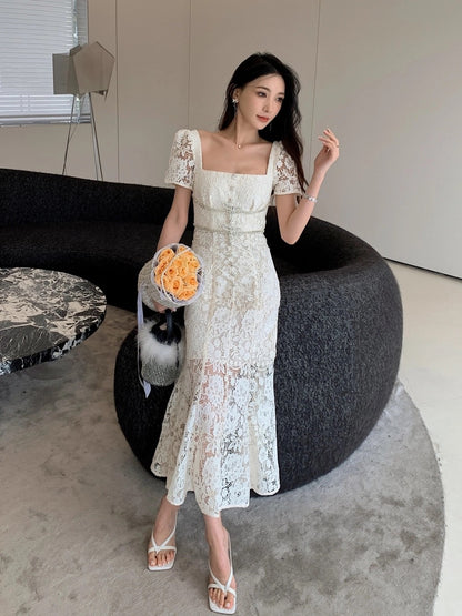 Temperament square neck slim high waist super nice French dress 2024 new women's summer lace fishtail long skirt