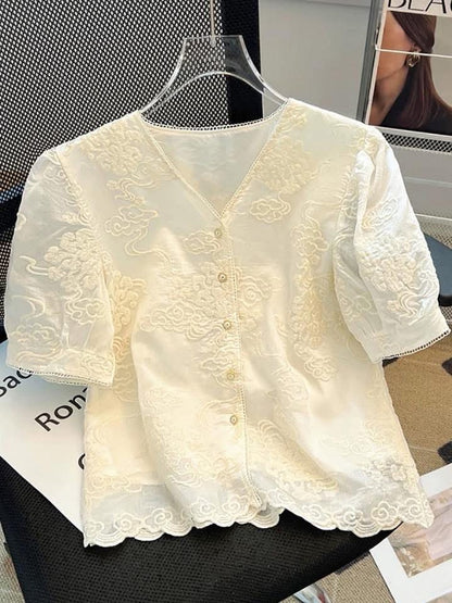 Clearance sale~Summer V-neck lace puff short-sleeved shirt for women, new Chinese style heavy embroidery top