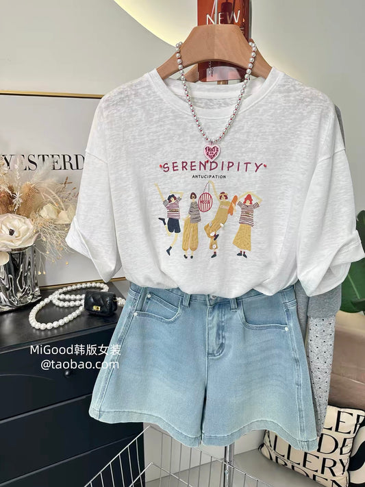 Short Plus Size Top ~ New Summer Korean Style Fashion Girl Printed Loose Slimming Snowflake Cotton T-Shirt for Women