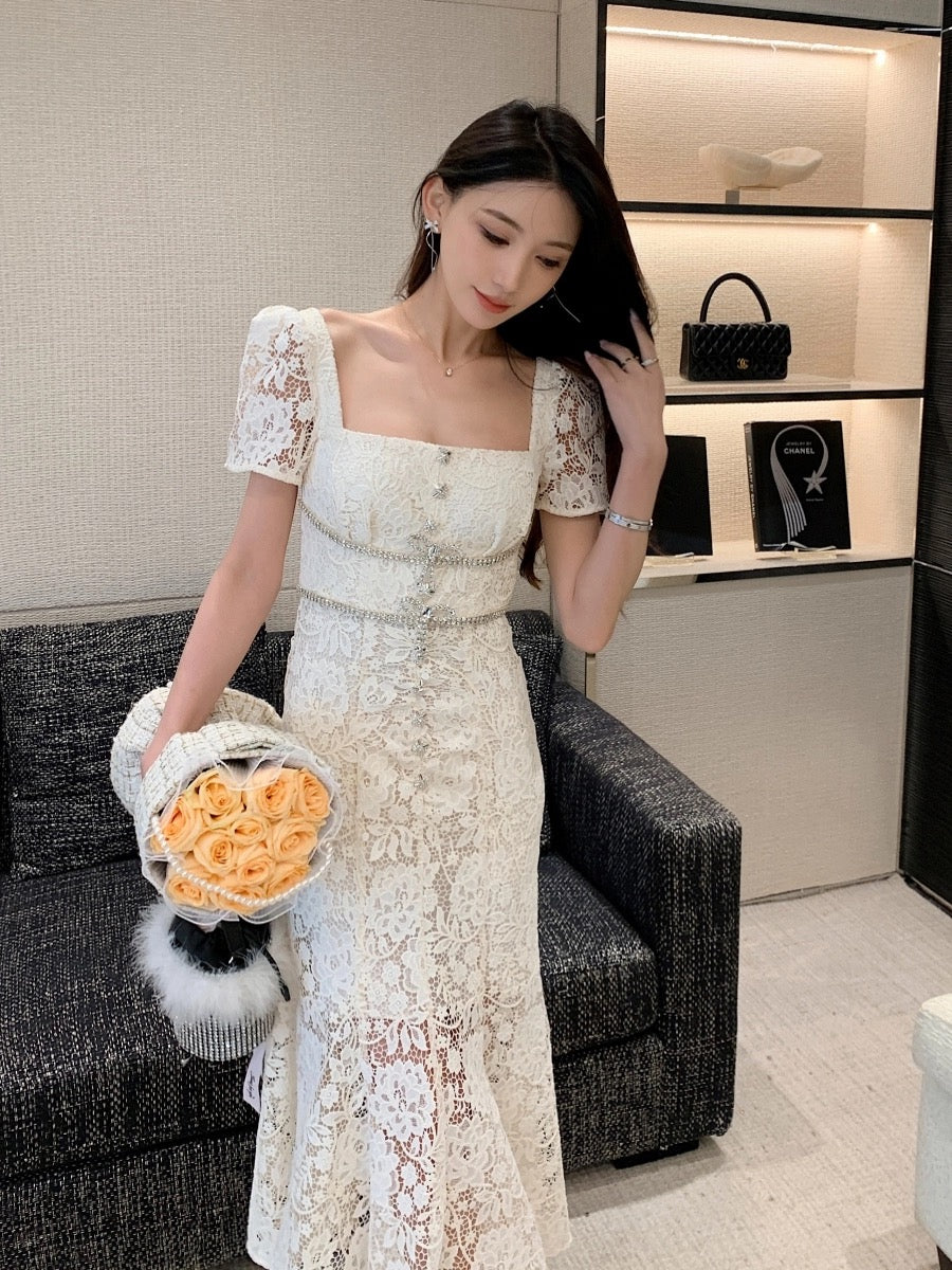Temperament square neck slim high waist super nice French dress 2024 new women's summer lace fishtail long skirt