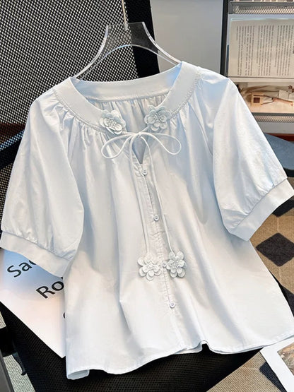 Design sense three-dimensional flower short-sleeved shirt women's summer 2025 new French lace loose niche chic top