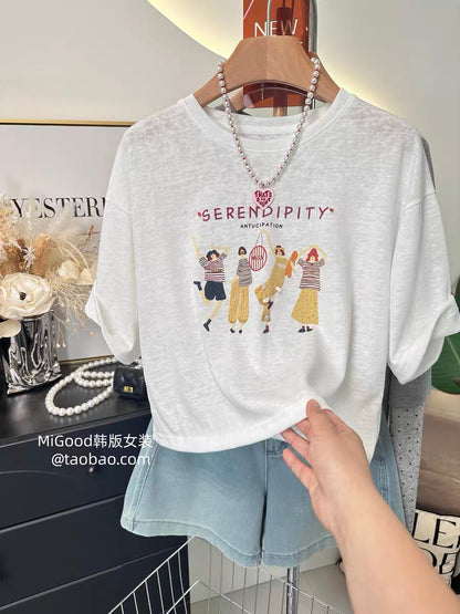 Short Plus Size Top ~ New Summer Korean Style Fashion Girl Printed Loose Slimming Snowflake Cotton T-Shirt for Women