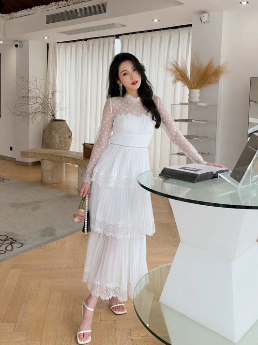 Design niche sexy see-through lace spliced chiffon pleated long skirt white fairy slimming cake dress