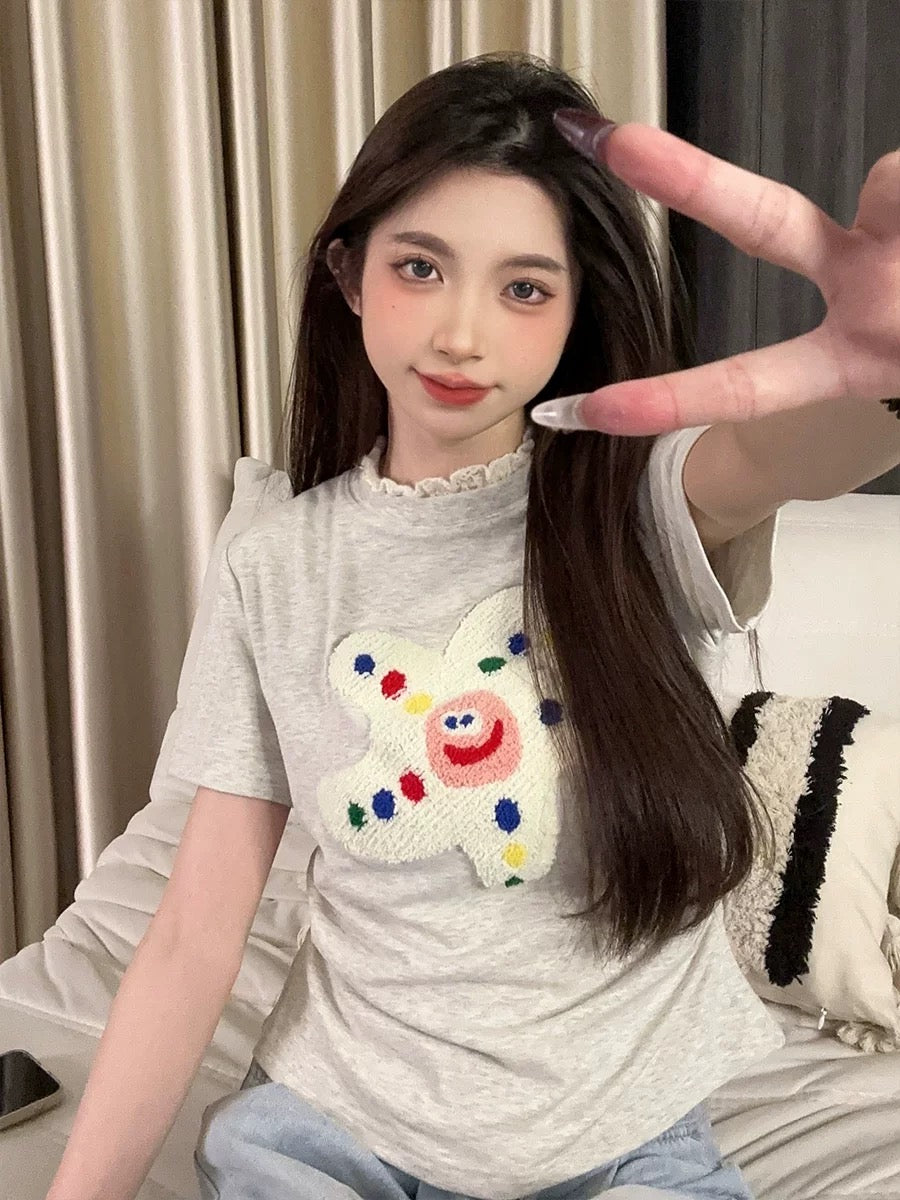 Creamy Universe Cute Flocked Cartoon Right Shoulder Short Sleeve T-Shirt Female Japanese Sweet Girl Short Top Summer New Style