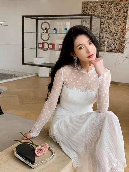 Design niche sexy see-through lace spliced chiffon pleated long skirt white fairy slimming cake dress
