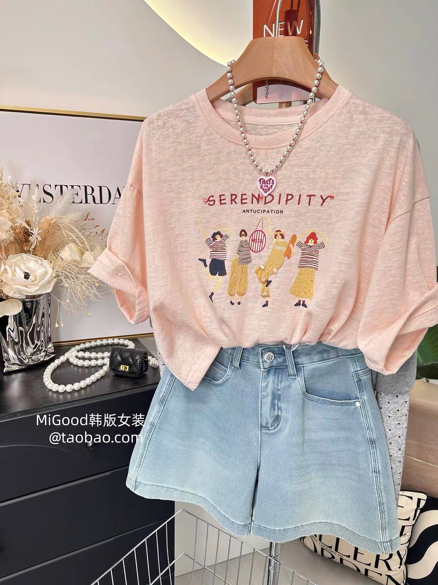 Short Plus Size Top ~ New Summer Korean Style Fashion Girl Printed Loose Slimming Snowflake Cotton T-Shirt for Women