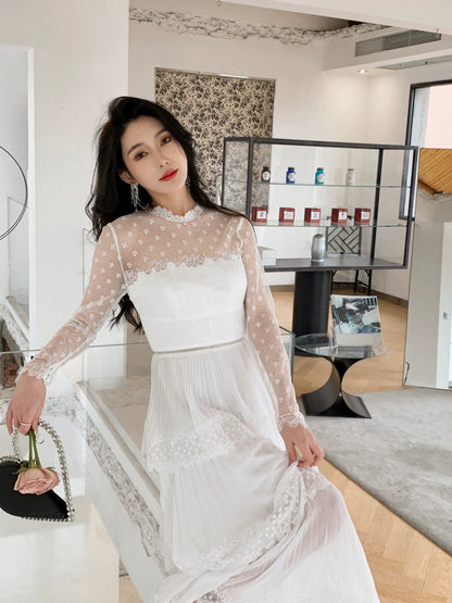 Design niche sexy see-through lace spliced chiffon pleated long skirt white fairy slimming cake dress