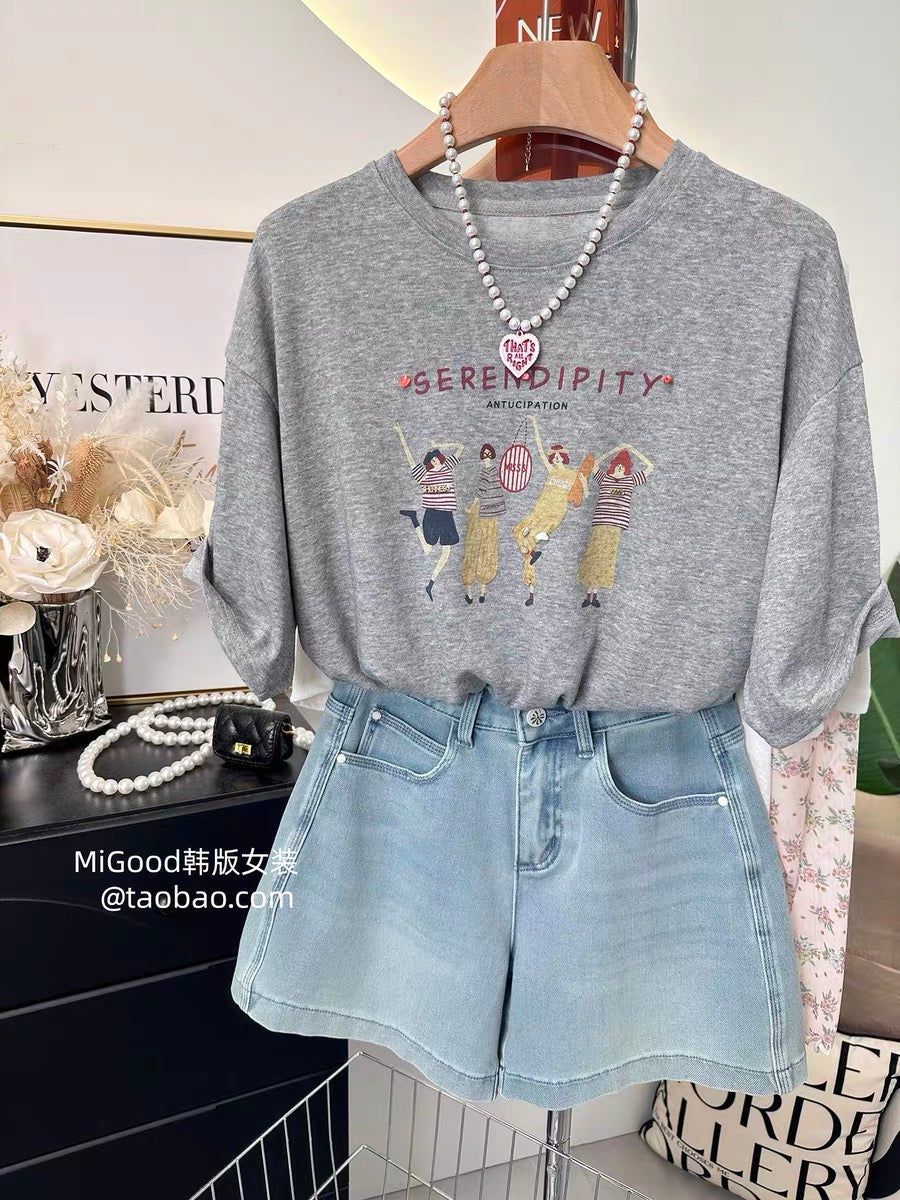Short Plus Size Top ~ New Summer Korean Style Fashion Girl Printed Loose Slimming Snowflake Cotton T-Shirt for Women