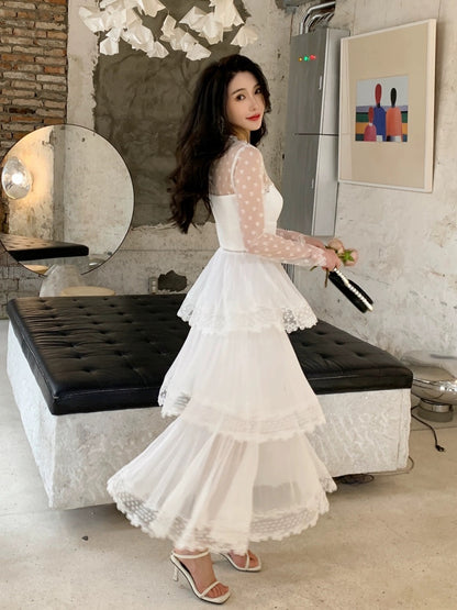 Design niche sexy see-through lace spliced chiffon pleated long skirt white fairy slimming cake dress