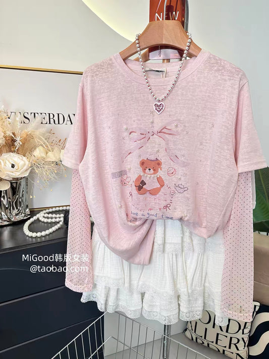 Unique, pretty, and sweet style~ 2026 new Korean fashion beaded polka dot bear sleeve faux two-piece T-shirt with sun protection.
