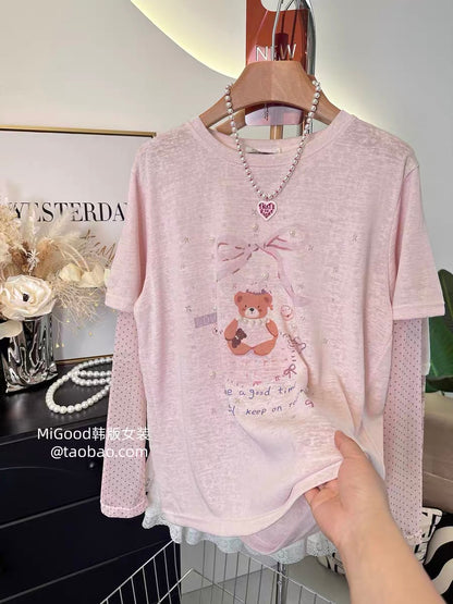Unique, pretty, and sweet style~ 2026 new Korean fashion beaded polka dot bear sleeve faux two-piece T-shirt with sun protection.