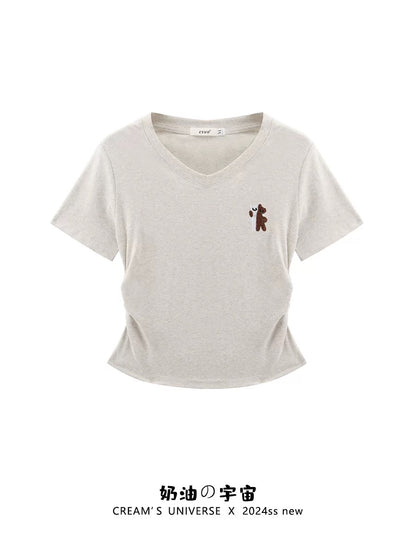 Cream Universe Embroidered Cartoon V-Neck Right Shoulder Short Sleeve T-Shirt Women's Japanese Style Waistless Short Top Summer New Style