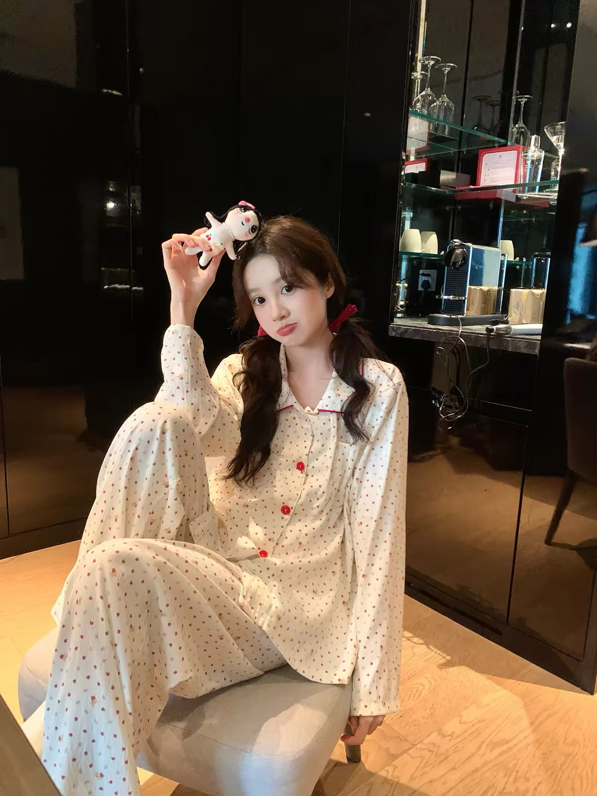 Xinbangbang Homedress Women's Sweet-Style Printed Long-Sleeve Pajama Set – Autumn Collared Loungewear Suitable for Casual Wear