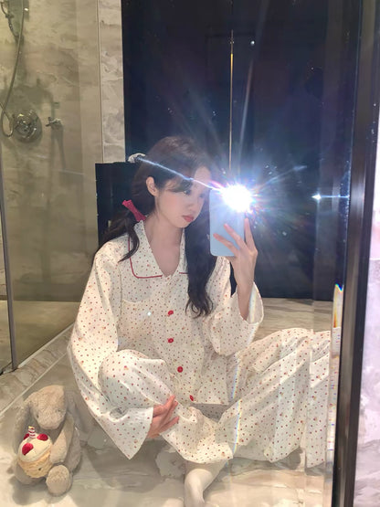 Xinbangbang Homedress Women's Sweet-Style Printed Long-Sleeve Pajama Set – Autumn Collared Loungewear Suitable for Casual Wear