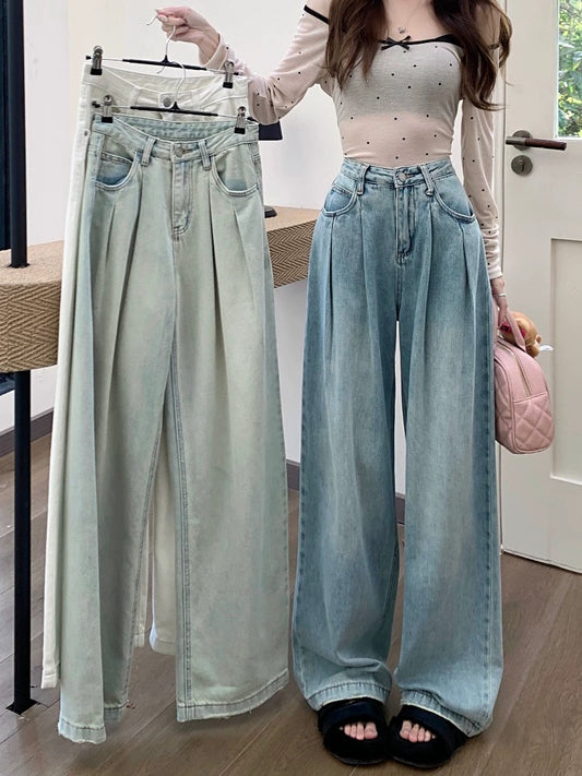 Retro washed wide-leg jeans for women, summer casual pants, loose straight pants for small people, high-waisted floor-length trousers
