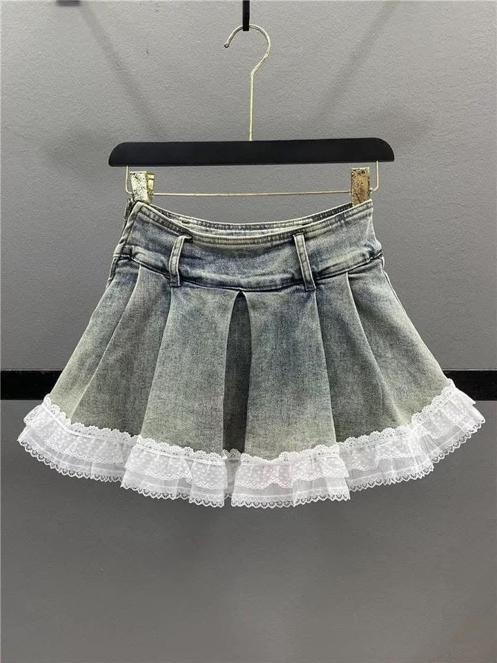 Nostalgic blue lace denim skirt female 2025 summer new slim hot girl a-line hip pleated skirt