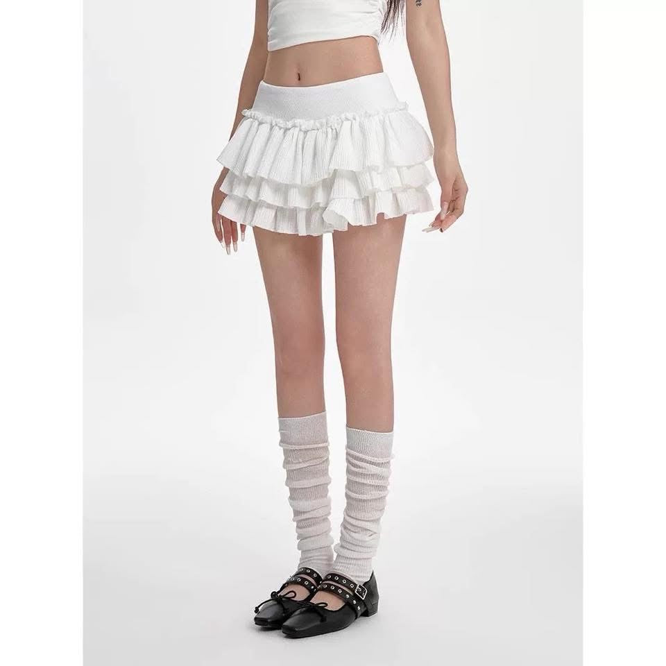 White puffy cake skirt women's summer new low waist slim A-line skirt pleated skirt hot girl miniskirt trend