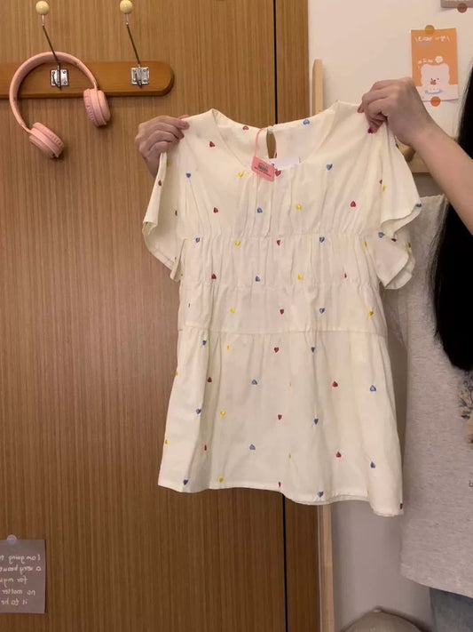 Cream Universe Embroidered Heart Apricot Shirt Short-sleeved Women's Design Sensational Baby Dolly Top New Style