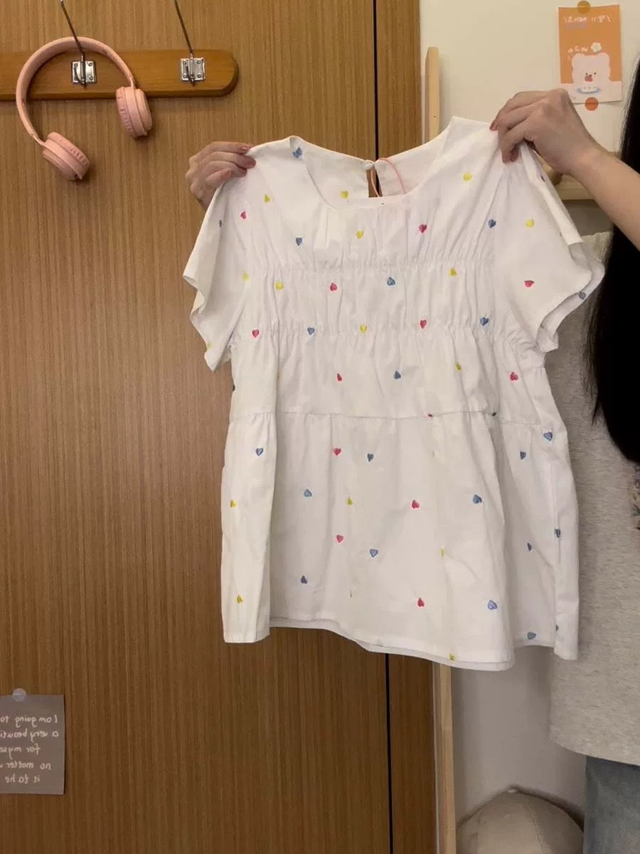 Cream Universe Embroidered Heart Apricot Shirt Short-sleeved Women's Design Sensational Baby Dolly Top New Style