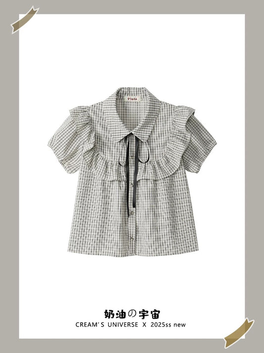 Cream Universe Bow-knot plaid polo neck babydoll short-sleeved preppy style slim puff-sleeved top for women