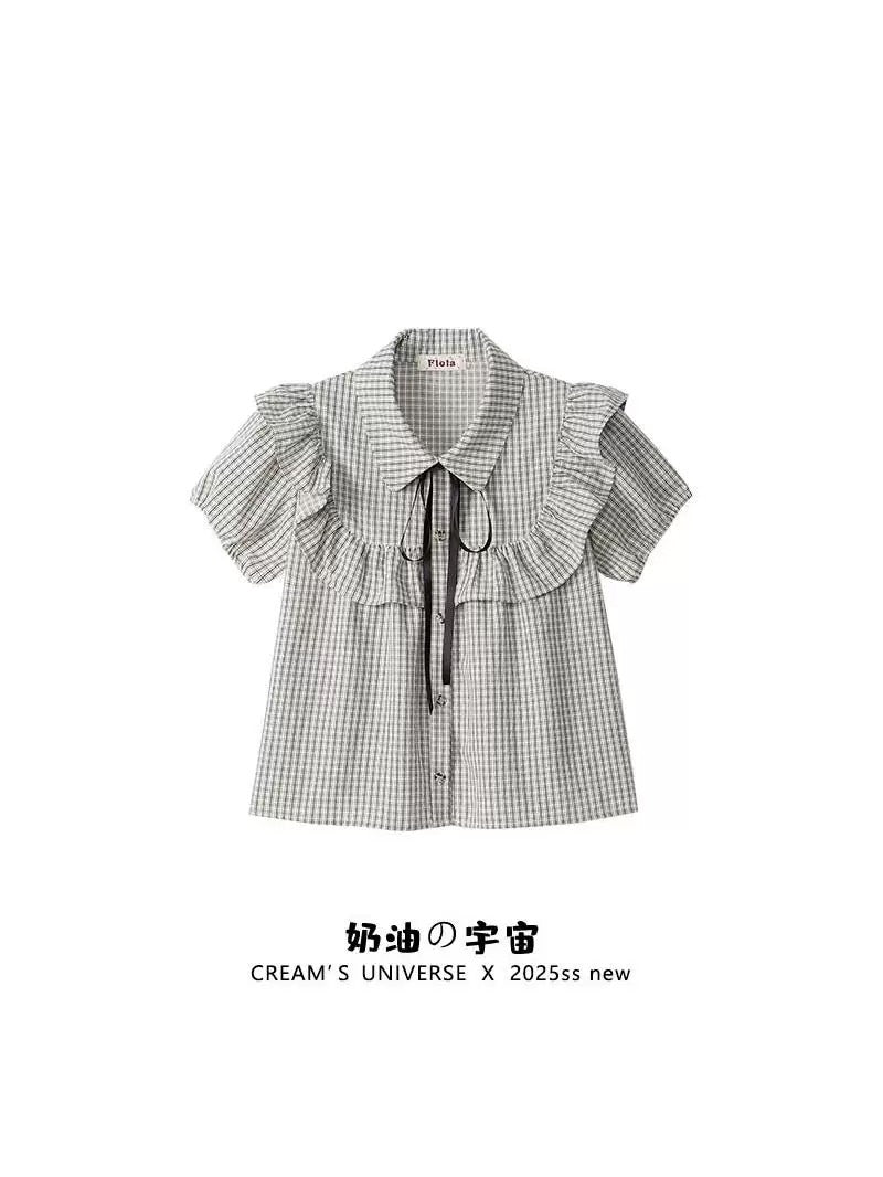 Cream Universe Bow-knot plaid polo neck babydoll short-sleeved preppy style slim puff-sleeved top for women