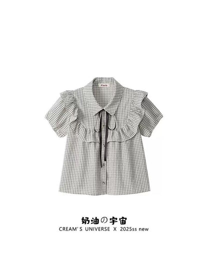 Cream Universe Bow-knot plaid polo neck babydoll short-sleeved preppy style slim puff-sleeved top for women