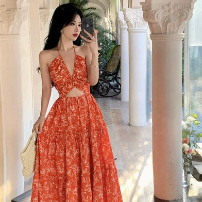 French floral suspender dress for women in summer Sanya seaside vacation printed beach skirt retro tea break long skirt