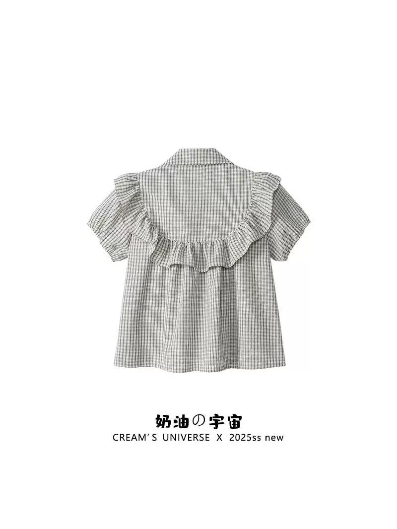 Cream Universe Bow-knot plaid polo neck babydoll short-sleeved preppy style slim puff-sleeved top for women