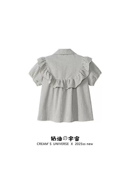 Cream Universe Bow-knot plaid polo neck babydoll short-sleeved preppy style slim puff-sleeved top for women