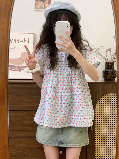 Cream Universe Love Plaid Small Flying Sleeve Short Sleeve T-shirt Women's Sweet Fresh Style Babydoll Top New Style