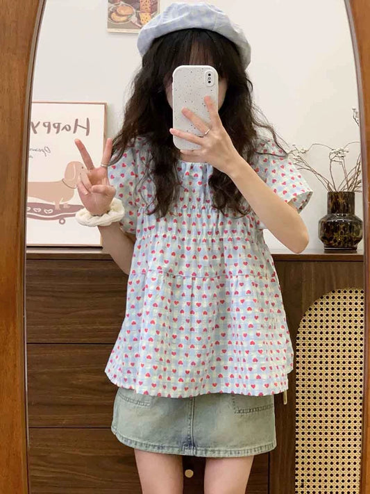 Cream Universe Love Plaid Small Flying Sleeve Short Sleeve T-shirt Women's Sweet Fresh Style Babydoll Top New Style