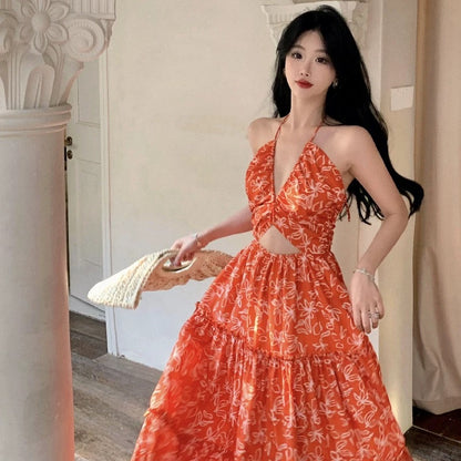 French floral suspender dress for women in summer Sanya seaside vacation printed beach skirt retro tea break long skirt