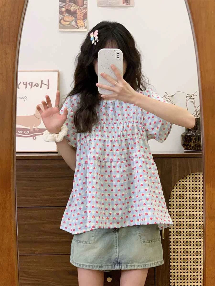 Cream Universe Love Plaid Small Flying Sleeve Short Sleeve T-shirt Women's Sweet Fresh Style Babydoll Top New Style