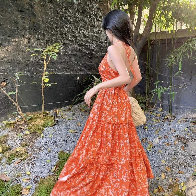French floral suspender dress for women in summer Sanya seaside vacation printed beach skirt retro tea break long skirt