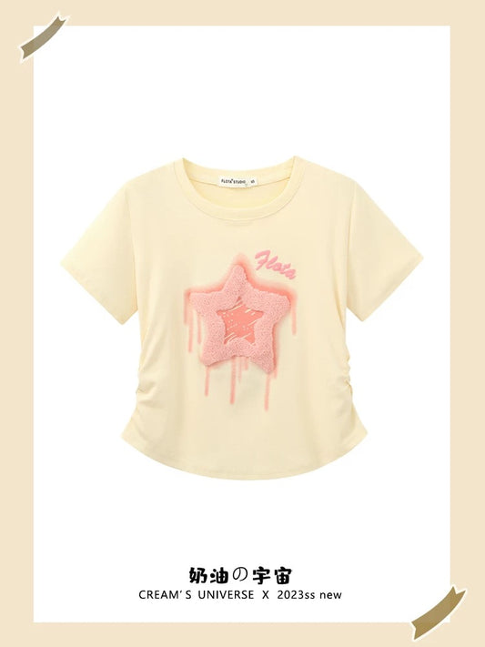 Creamy universe flocked five-pointed star front shoulder short-sleeved T-shirt women's sweet girl style slim top 2025 new style