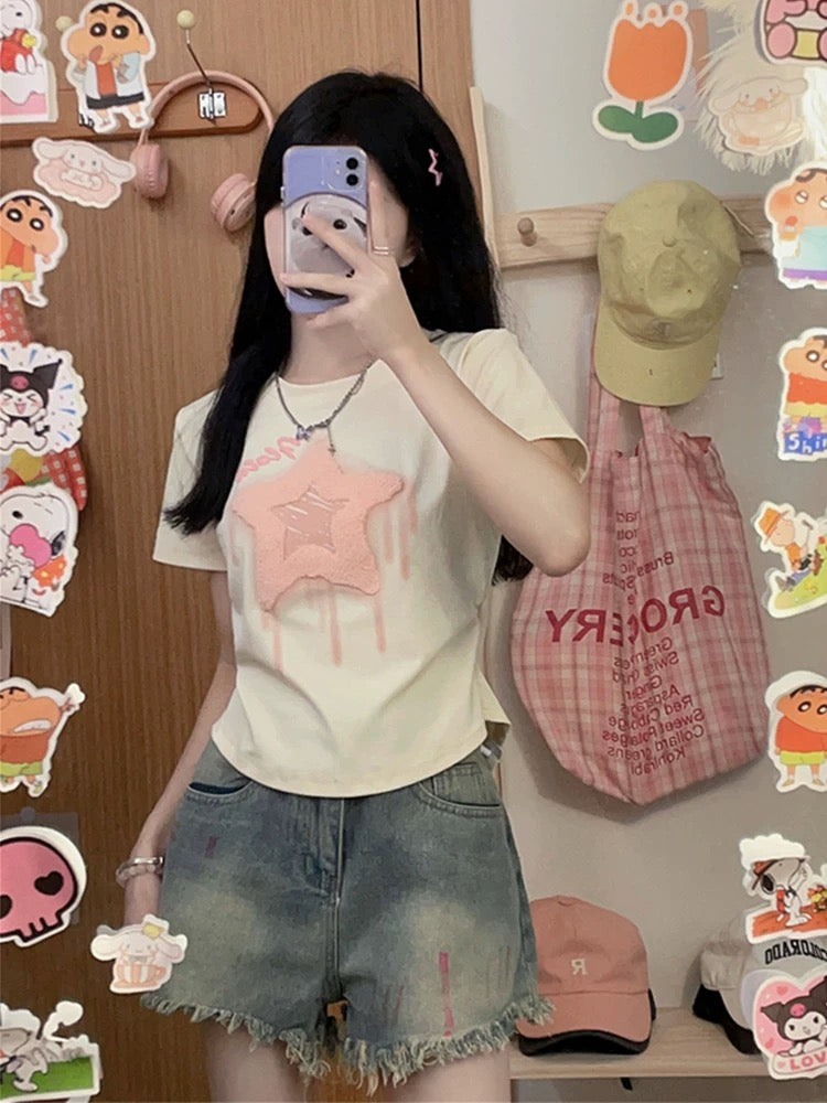 Creamy universe flocked five-pointed star front shoulder short-sleeved T-shirt women's sweet girl style slim top 2025 new style