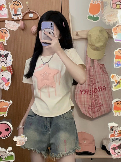 Creamy universe flocked five-pointed star front shoulder short-sleeved T-shirt women's sweet girl style slim top 2025 new style