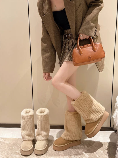 Mid-calf snow boots for women in winter with velvet and thickening 2024 new style fashionable woolen cotton boots thick-soled non-slip cotton shoes