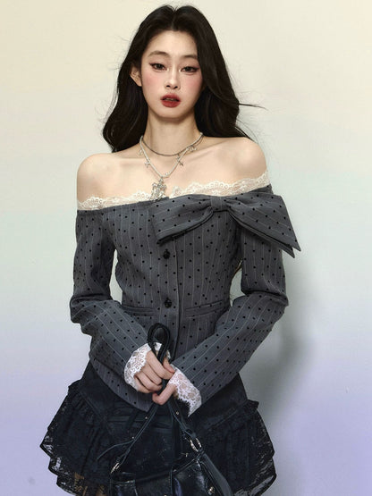 Shaoyeyan Liston Lover One Shoulder French Lace Polka Dot Shirt Women's Autumn and Winter Long Sleeve Slim Striped Top