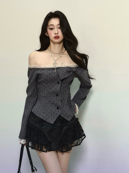 Shaoyeyan Liston Lover One Shoulder French Lace Polka Dot Shirt Women's Autumn and Winter Long Sleeve Slim Striped Top