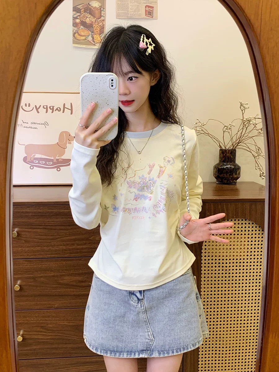 Creamy Universe Graffiti Cartoon Color Blocking Bottoming Shirt Long Sleeve T-Shirt Women's Age-Reducing Small Body Top New Style