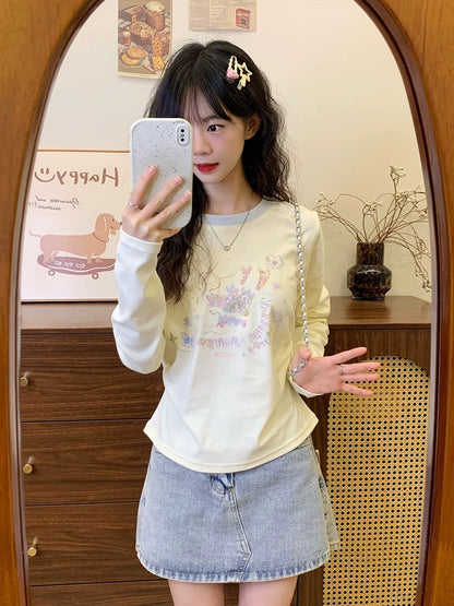 Creamy Universe Graffiti Cartoon Color Blocking Bottoming Shirt Long Sleeve T-Shirt Women's Age-Reducing Small Body Top New Style